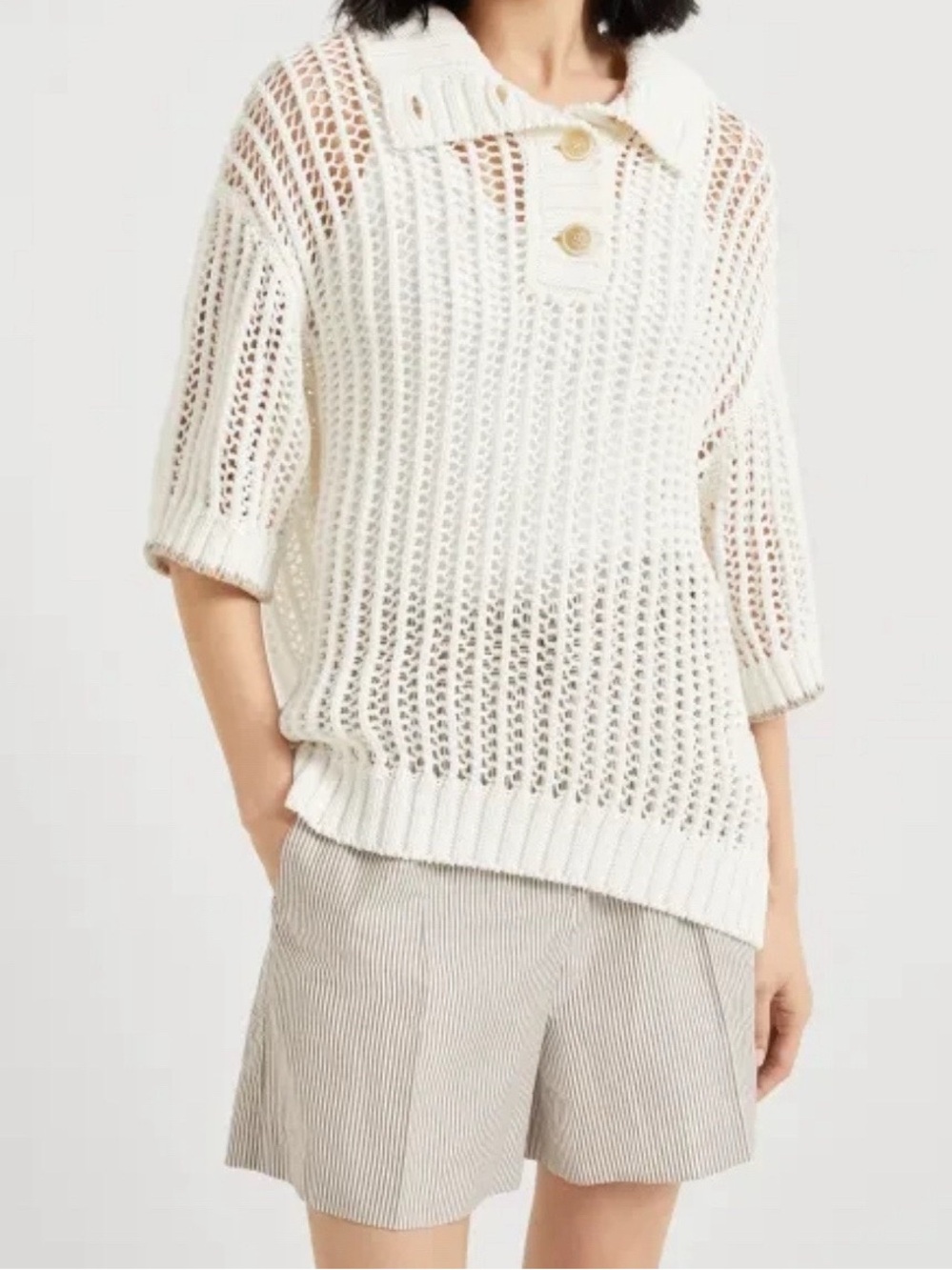 Brunello Cucinelli linen-blend hollow knit short-sleeve polo